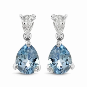 18ct White Gold Pear Cut Aquamarine & Diamond Drop Earrings
