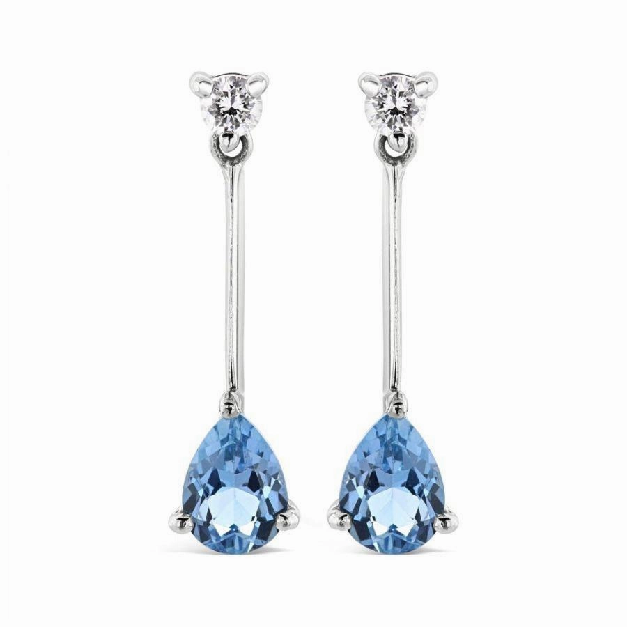 18ct White Gold Pear Cut Aquamarine & Diamond Long Drop Earrings