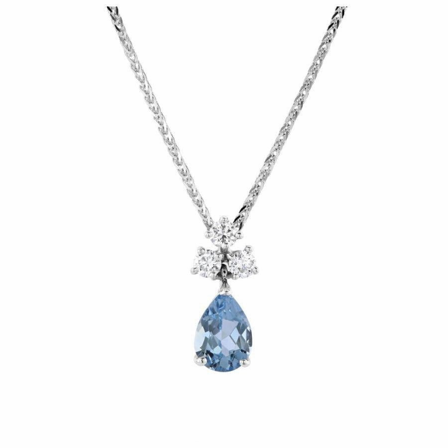 18ct White Gold Pear Cut Aquamarine & Diamond Pendant & Chain