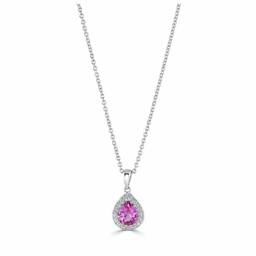 18ct White Gold Pear Cut Pink Sapphire & Diamond Halo Cluster Pendant