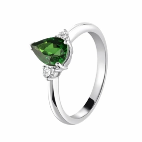 18ct White Gold Pear Cut Tsavorite & Round Brilliant Cut Diamond Trilogy Ring