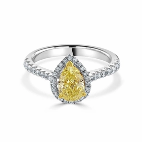 18ct White Gold Pear Cut Yellow Diamond Halo Cluster Ring with Diamond Shoulders