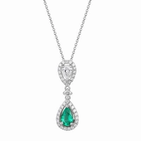18ct white gold pear emerald and brilliant cut and pear diamond drop pendant supplied with chain