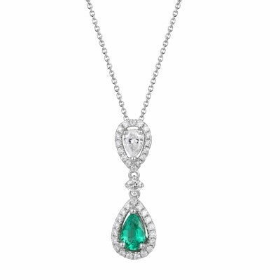 18ct white gold pear emerald and brilliant cut and pear diamond drop pendant supplied with chain