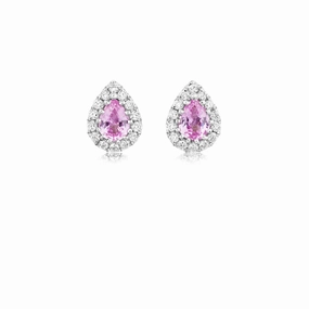 18ct white gold pear shaped pink sapphire and diamond halo claw set stud earrings