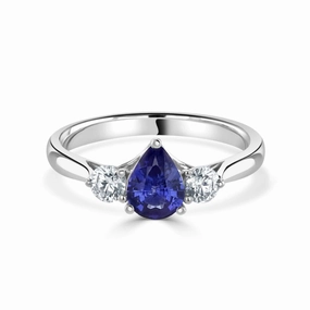 18ct White Gold Pear Shaped Sapphire & Diamond Three Stone Ring