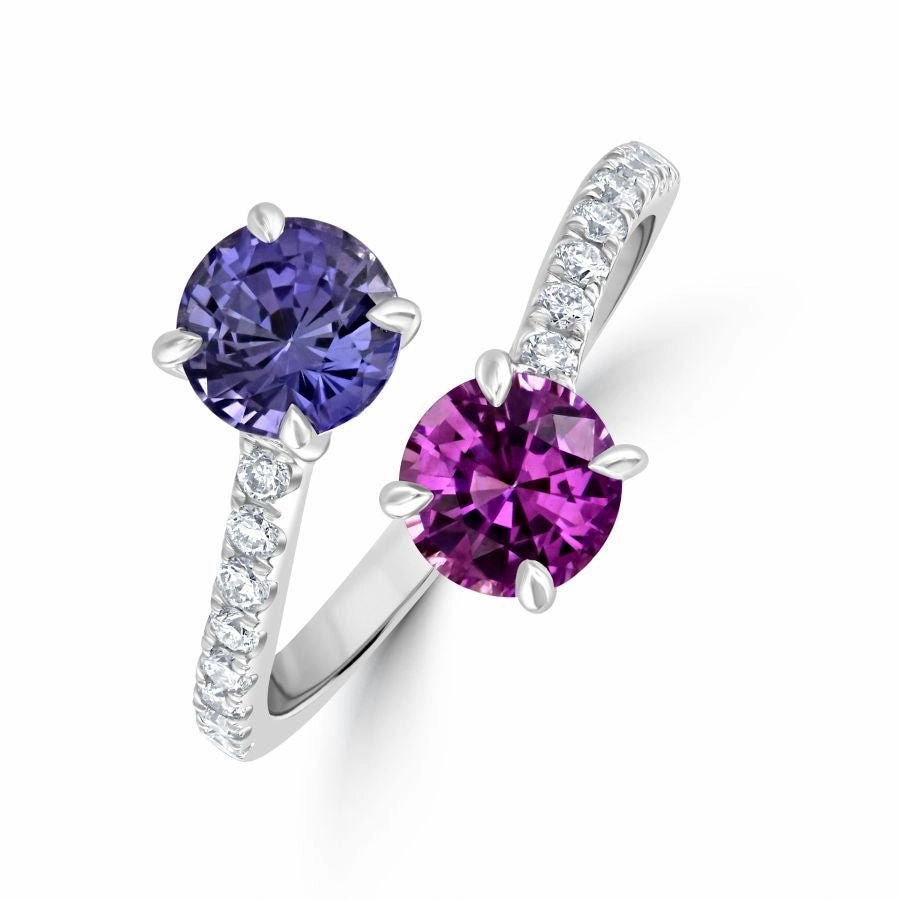 18ct White Gold Pink & Purple Sapphire & Diamond Crossover Ring