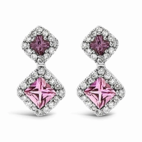 18ct White Gold Pink Sapphire & Diamond Cluster Drop Earrings