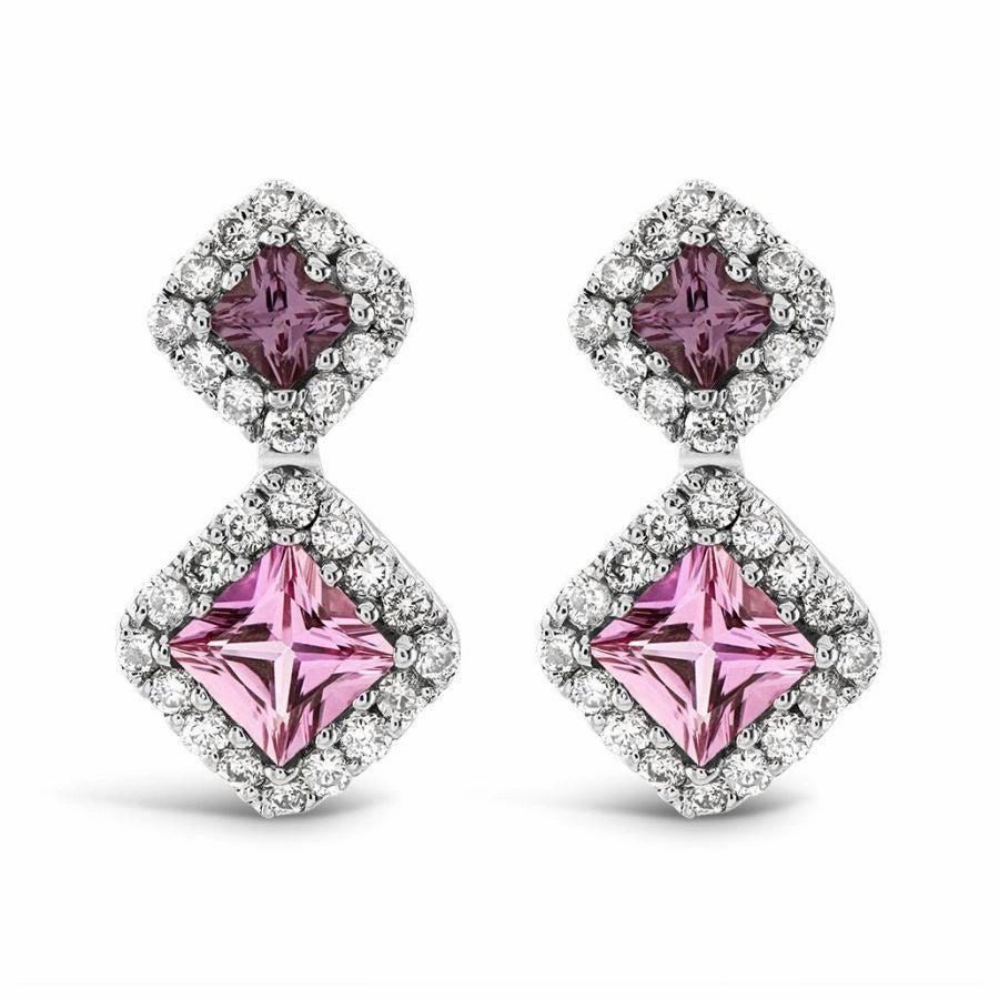 18ct White Gold Pink Sapphire & Diamond Cluster Drop Earrings