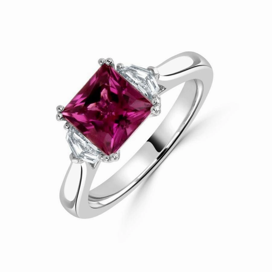 18ct White Gold Pink Tourmaline & Fancy Cut Diamond Trilogy Ring