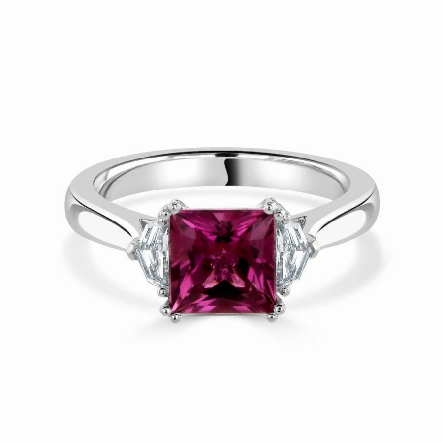 18ct White Gold Pink Tourmaline & Fancy Cut Diamond Trilogy Ring