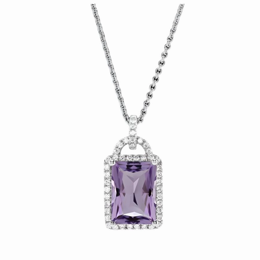 18ct White Gold Rectangular Cut Amethyst & Diamond Halo Cluster Pendant & Chain