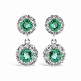 18ct White Gold Round Cut Emerald & Diamond Cluster Drop Earrings