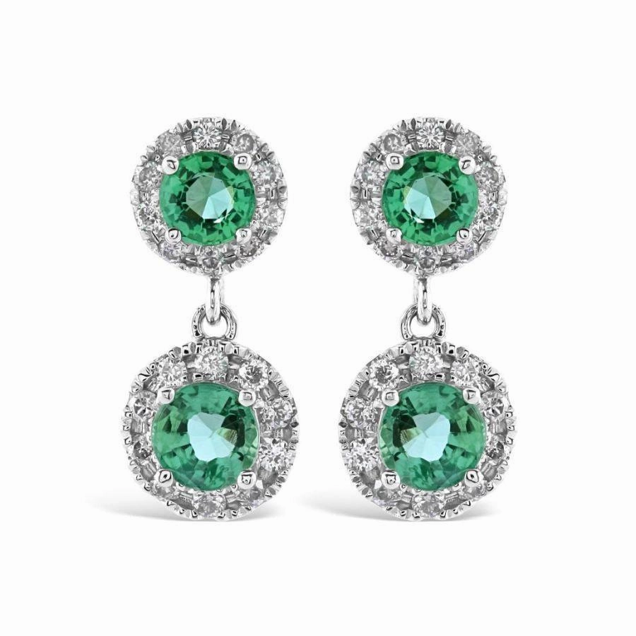 18ct White Gold Round Cut Emerald & Diamond Cluster Drop Earrings