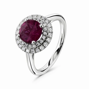 18ct White Gold Round Cut Rubellite & 2-Row Diamond Halo Cluster Ring