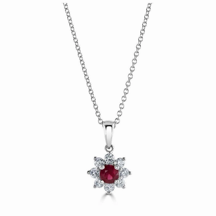 18ct White Gold Round Cut Ruby & Diamond Cluster Pendant