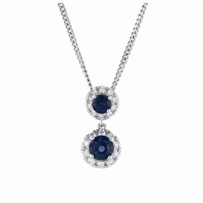 18ct White Gold Round Cut Sapphire & Diamond Halo Cluster Drop Pendant