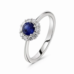 18ct White Gold Round Cut Sapphire & Diamond Halo Cluster Ring