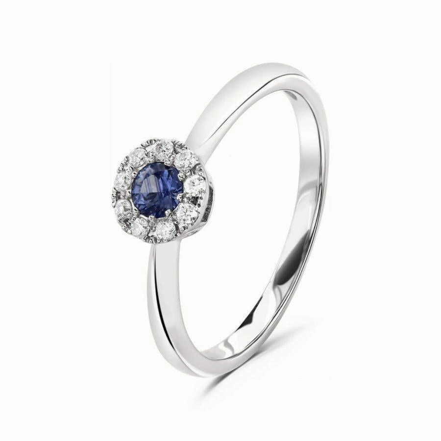 18ct White Gold Round Cut Sapphire & Diamond Halo Cluster Ring