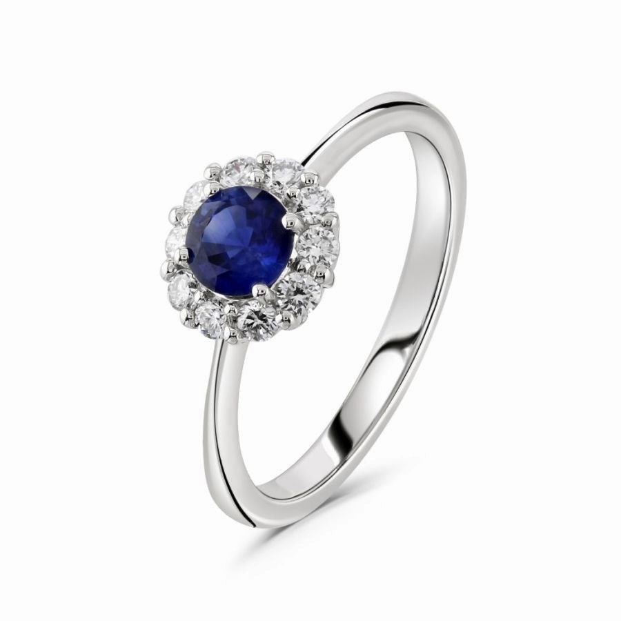 18ct White Gold Round Cut Sapphire & Diamond Halo Cluster Ring