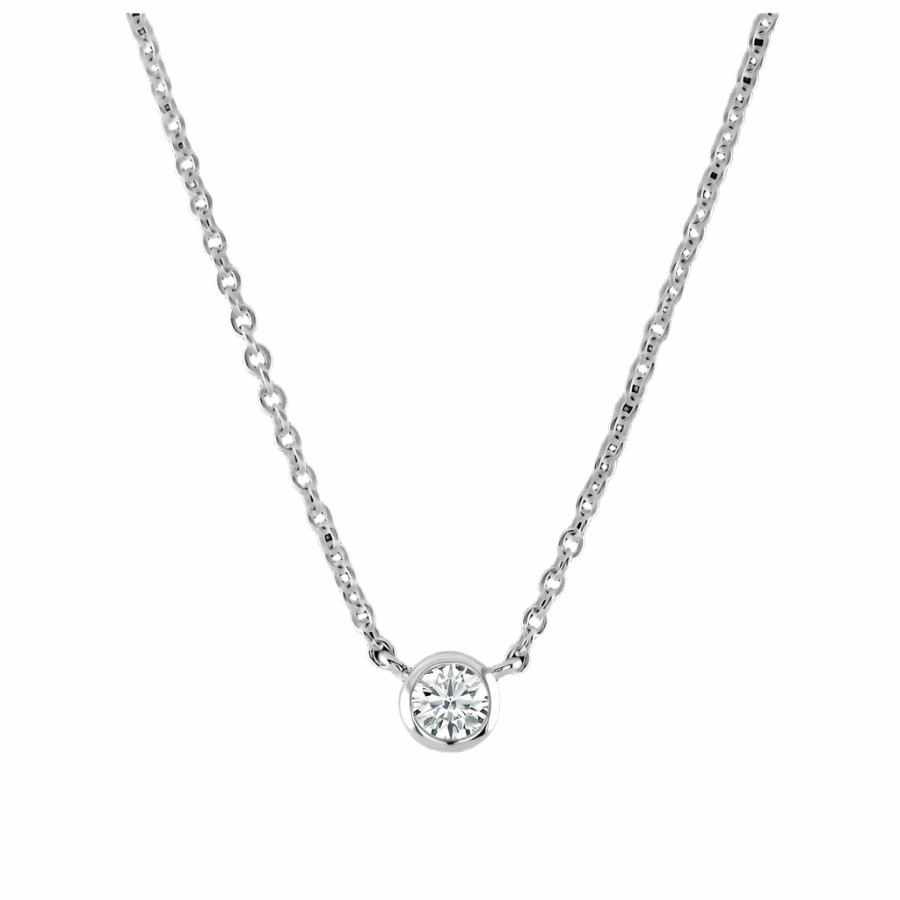 18ct White Gold Rubover Set 0.10ct Round Brilliant Cut Diamond Pendant & Chain