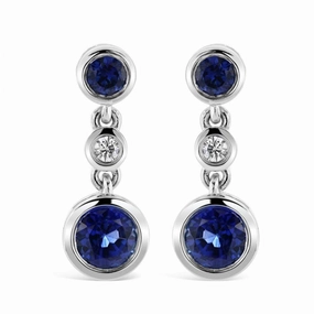 18ct White Gold Rubover Set Sapphire & Diamond Drop Earrings