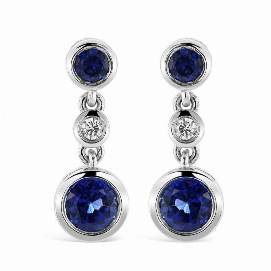 18ct White Gold Rubover Set Sapphire & Diamond Drop Earrings