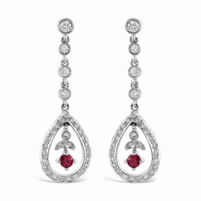 18ct White Gold Ruby & Diamond Open Teardrop Shaped Drop Earrings