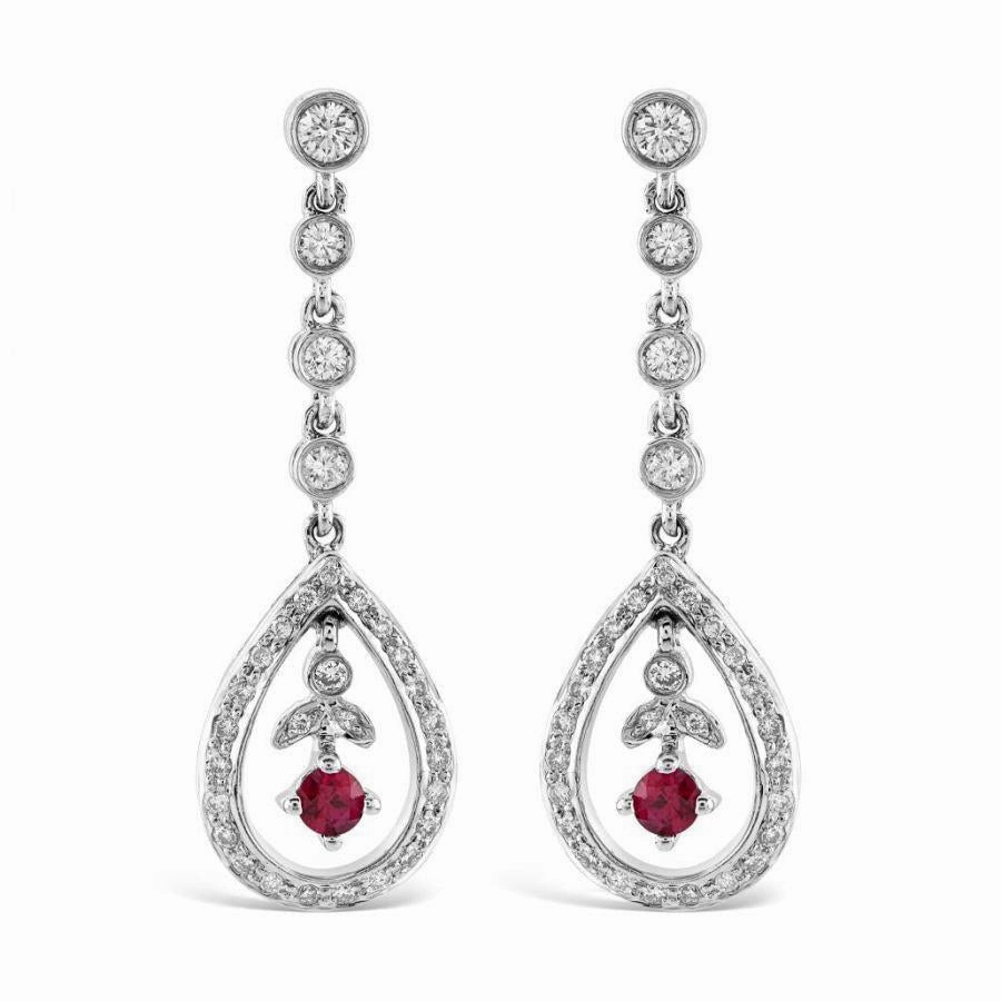 18ct White Gold Ruby & Diamond Open Teardrop Shaped Drop Earrings