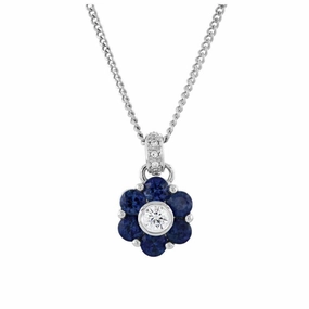 18ct White Gold Sapphire & Diamond Round Cluster Pendant & Chain