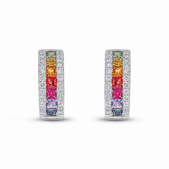18ct White Gold Square Multi Sapphire & Diamond Huggy Hoop Earrings