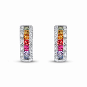 18ct White Gold Square Multi Sapphire & Diamond Huggy Hoop Earrings