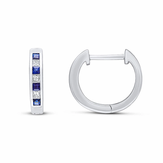 18ct White Gold Square Sapphire & Diamond Channel Huggy Hoop Earrings 14mm