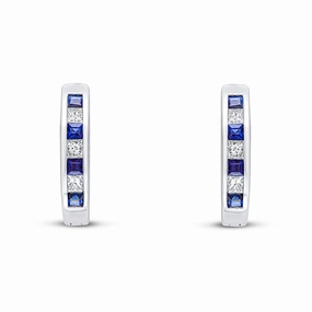 18ct White Gold Square Sapphire & Diamond Channel Huggy Hoop Earrings 14mm