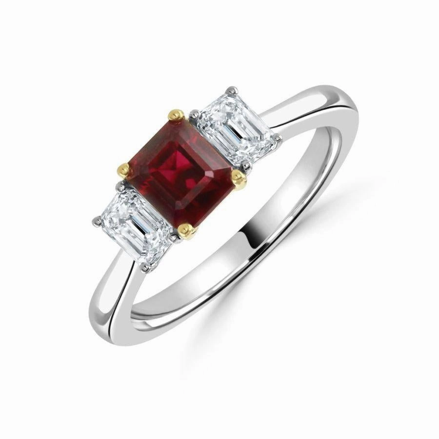 18ct Yellow & White Gold Octagonal Cut Ruby & Diamond Trilogy Ring