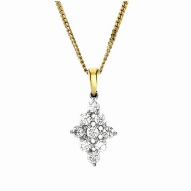 18ct Yellow Gold 9-Round Brilliant Cut Diamond Cluster Pendant & Chain