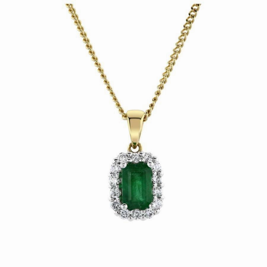 18ct Yellow Gold Rectangular Cut Emerald & Diamond Cluster Pendant