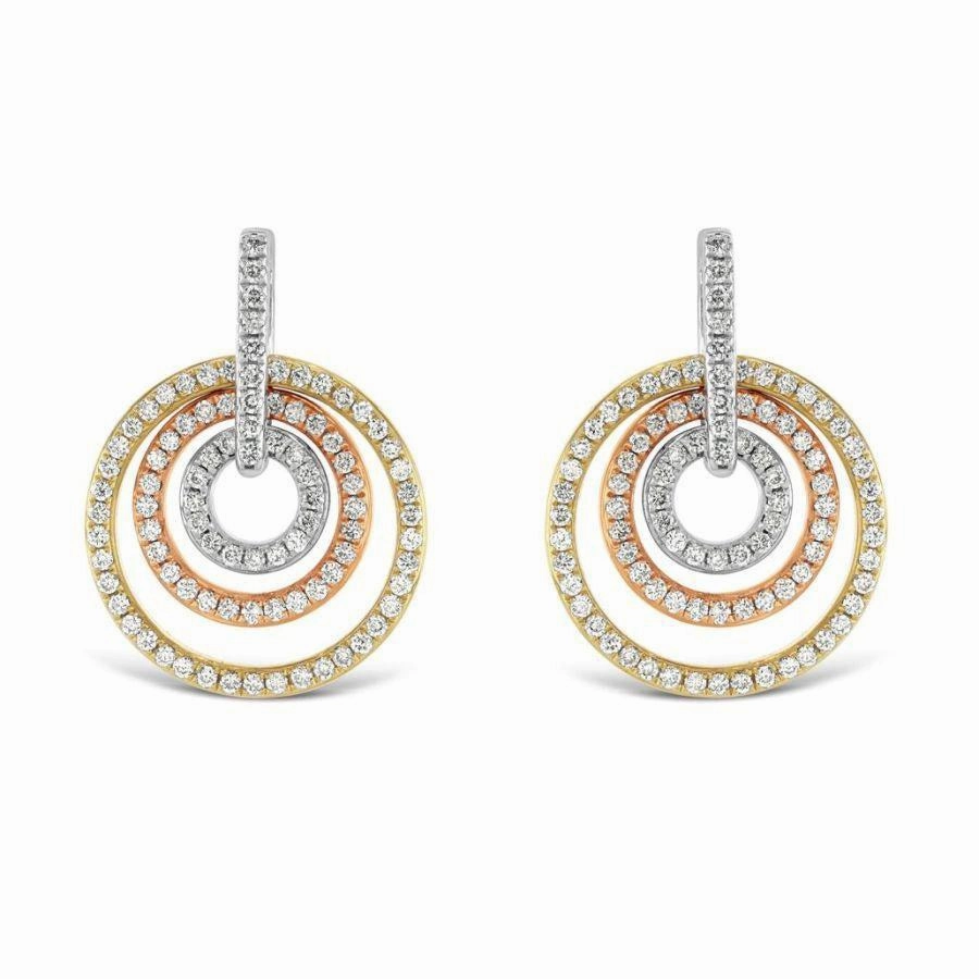 18ct Yellow, White & Rose Gold Diamond Set Concentric Circle Drop Earrings