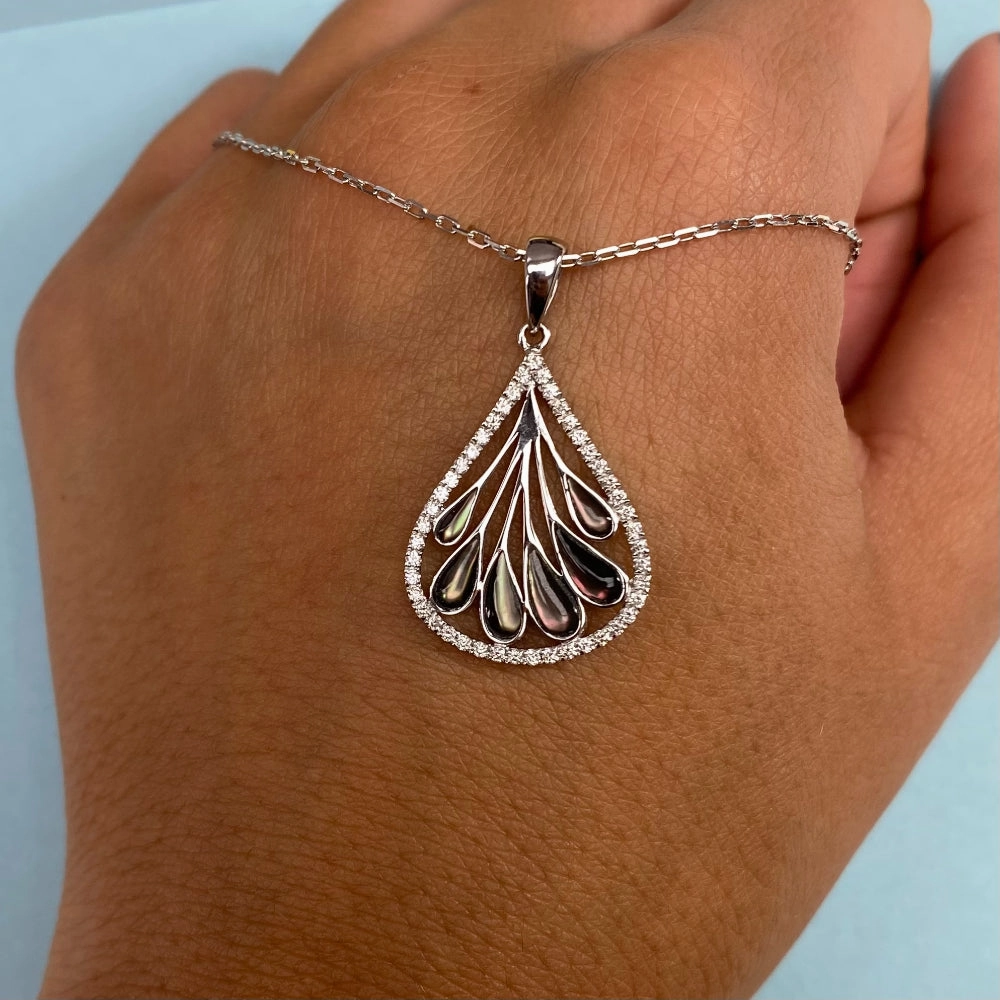 18k Gold Plume Drop Black Mother-of-Pearl Pendant Necklace