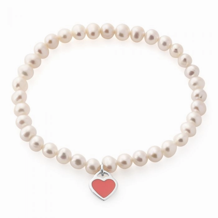 5-5.5mm White Freshwater Pearl Stretch Bracelet with Sterling Silver Pink Heart