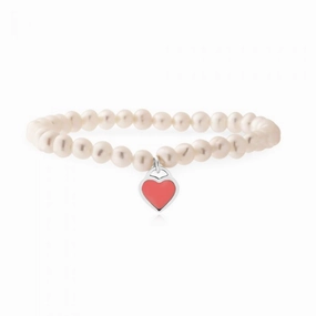 5-5.5mm White Freshwater Pearl Stretch Bracelet with Sterling Silver Pink Heart
