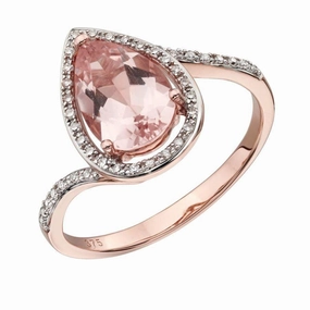 9ct Rose Gold Pear Cut Morganite & Diamond Halo Cluster Ring with Diamond Shoulders