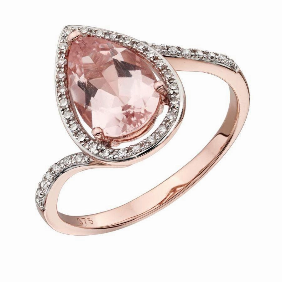 9ct Rose Gold Pear Cut Morganite & Diamond Halo Cluster Ring with Diamond Shoulders
