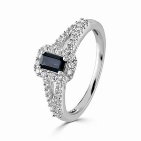 9ct White Gold Emerald Cut Sapphire & Diamond Cluster Ring with Diamond Set Split Shoulders