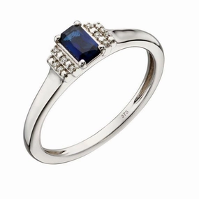 9ct White Gold Emerald Cut Sapphire & Stepped Diamond Shoulders Ring