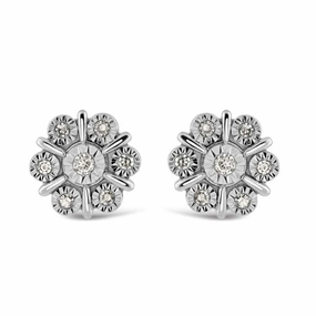9ct White Gold Illusion Set Diamond Flower Cluster Stud Earrings