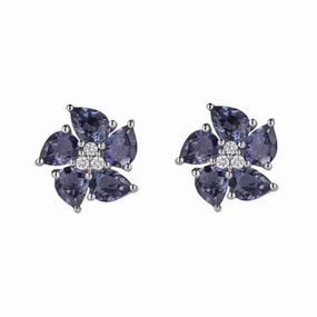 9ct White Gold Iolite & Diamond Peony Stud Earrings