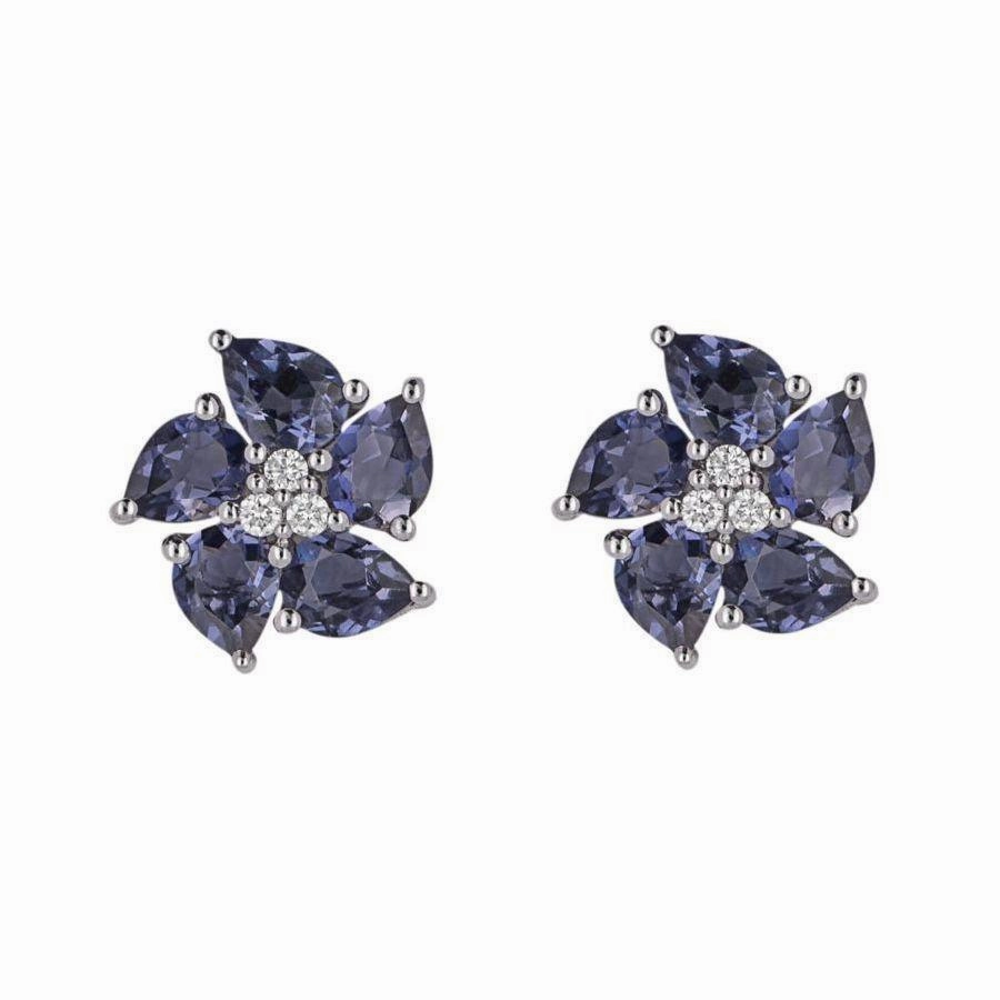 9ct White Gold Iolite & Diamond Peony Stud Earrings