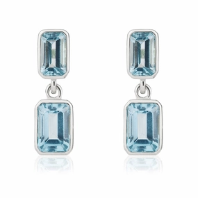 9ct White Gold Octagonal Swiss Blue Topaz Double Stone Rubover Drop Earrings