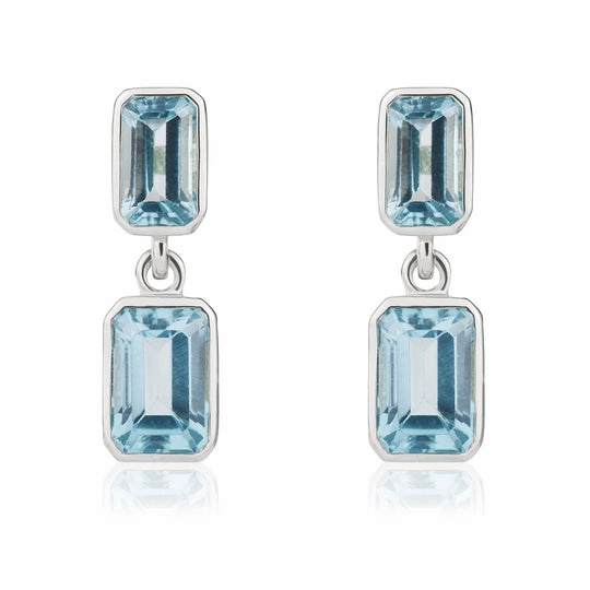 9ct White Gold Octagonal Swiss Blue Topaz Double Stone Rubover Drop Earrings